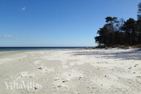 Den vackra stranden i närheten av lyxhus 374 vid Bornholm.
