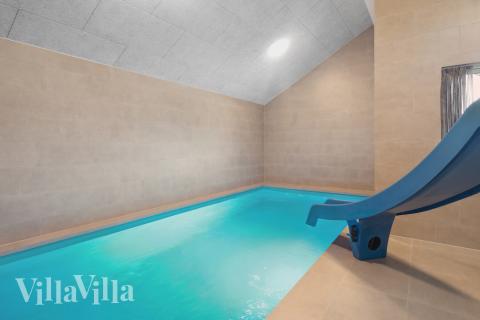 Sommarstuga 664 är inredd med en smakfull poolavdelning som har vattenrutschbana, ett stort inbyggt spapad och bastu