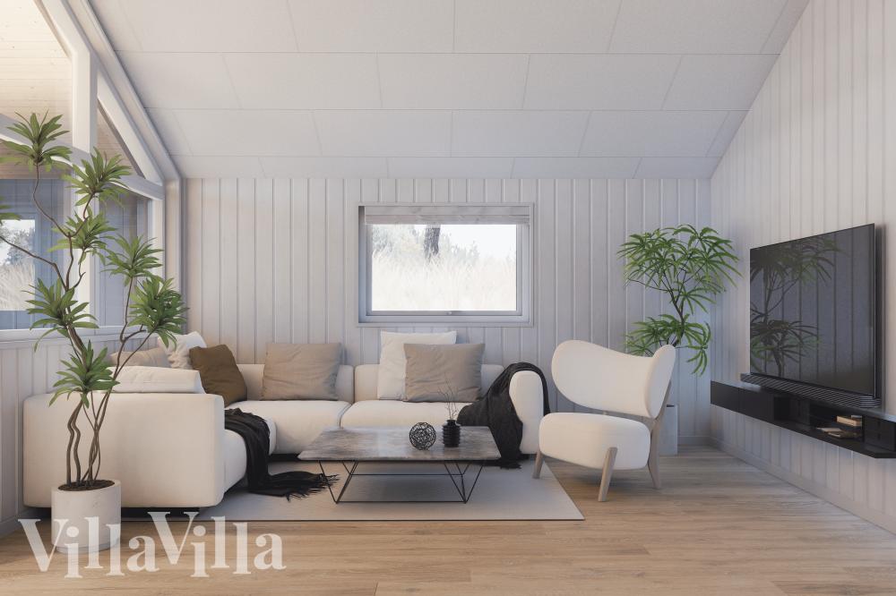 I soffhörnan i lyxstuga 931 i Østjylland kan ni spela brädspel eller titta på film tillsammans.