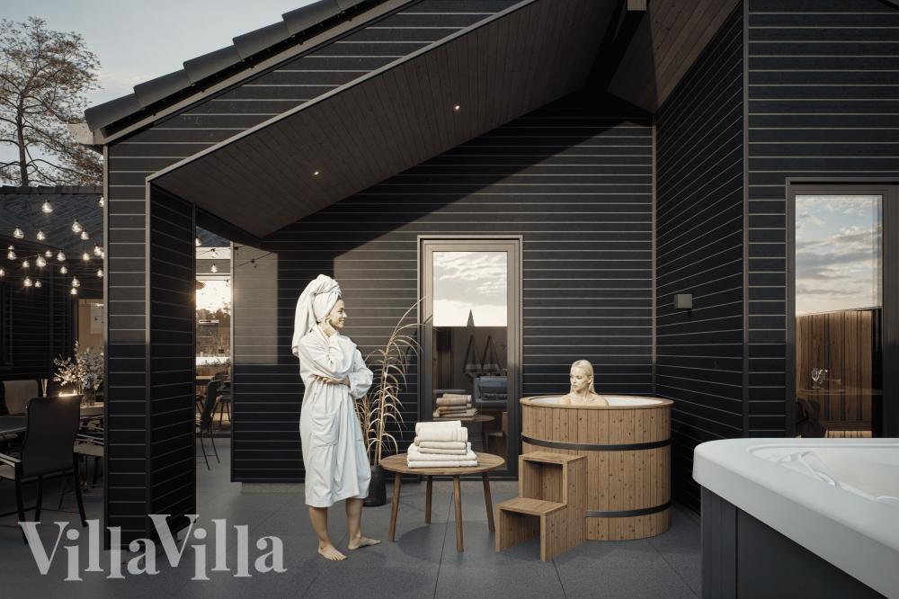 Stor terrass i lyxstuga nr 931 i Østjylland.