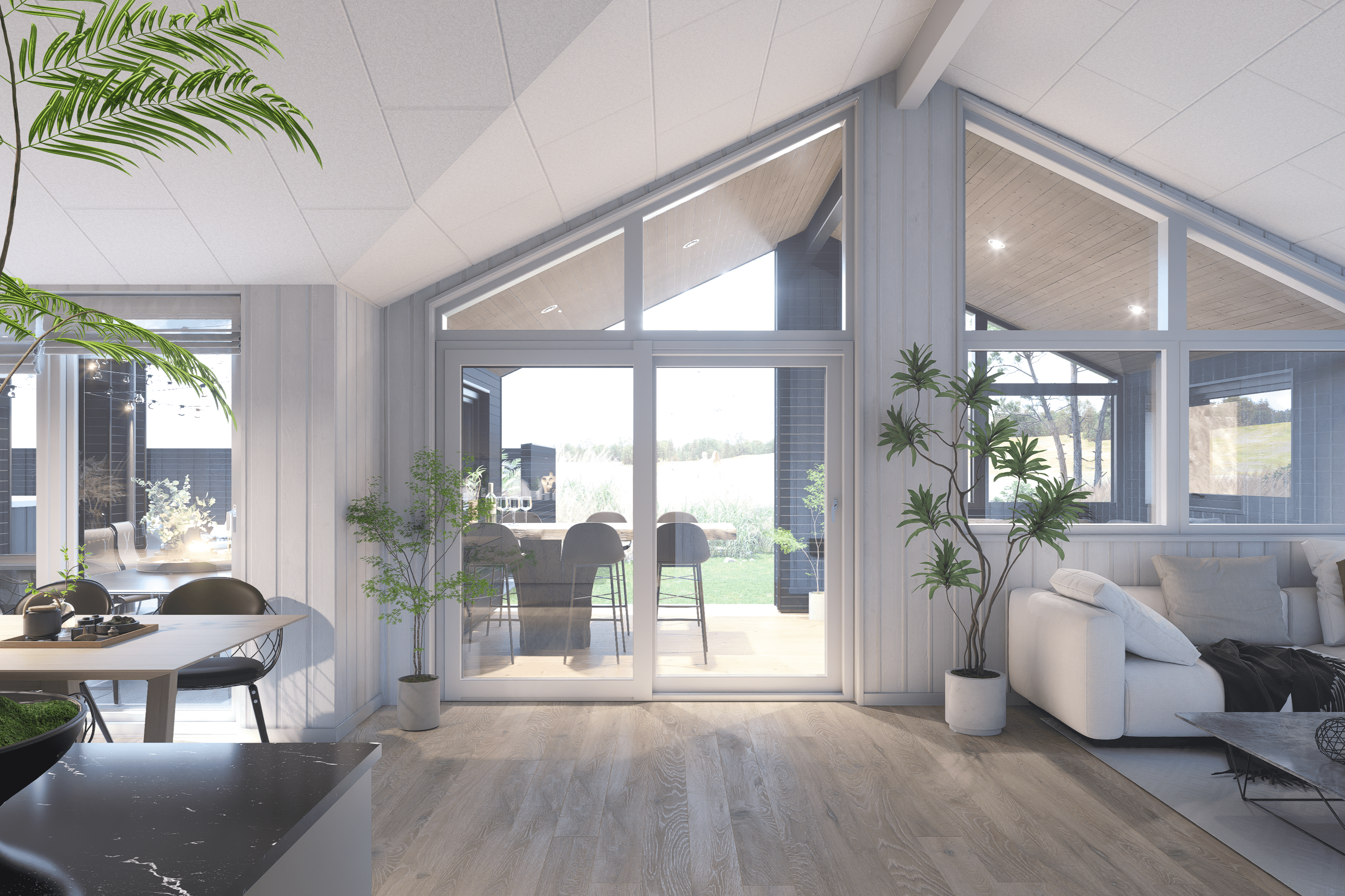 Det stora ljusa vardagsrummet i lyxstuga nr 919 för 12.