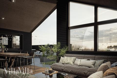 Lyxstuga nr 919 har en härlig terrass med sköna trädgårdsmöbler för 12 personer.