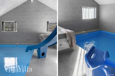 Sommarstuga 810 är inredd med en smakfull poolavdelning som har vattenrutschbana, ett stort inbyggt spapad och bastu