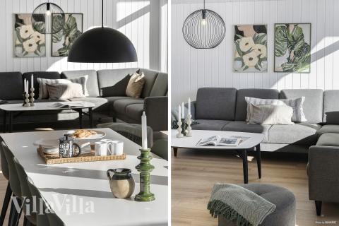 Vardagsrummet i lyxstuga nr. 810 har plats för 18 personer.