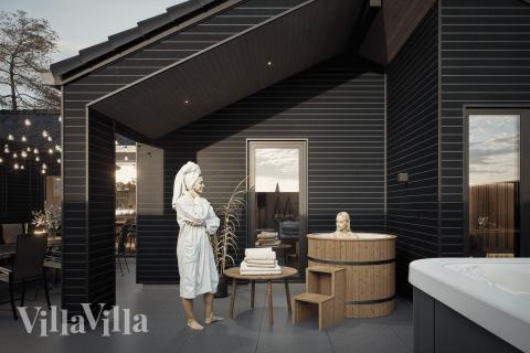 På terrassen i sommarhus nr 947 finns det plats för upp till 12 gäster.