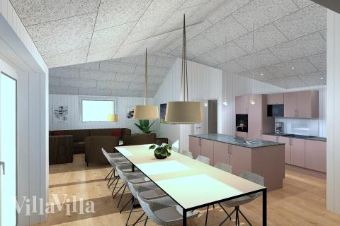 Det stora ljusa vardagsrummet i lyxstuga nr 958 för 12.