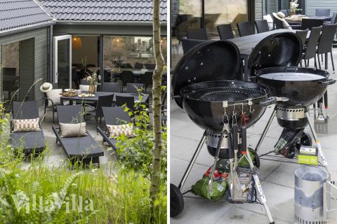 Lyxstuga nr 832 har en härlig terrass med sköna trädgårdsmöbler för 18 personer.